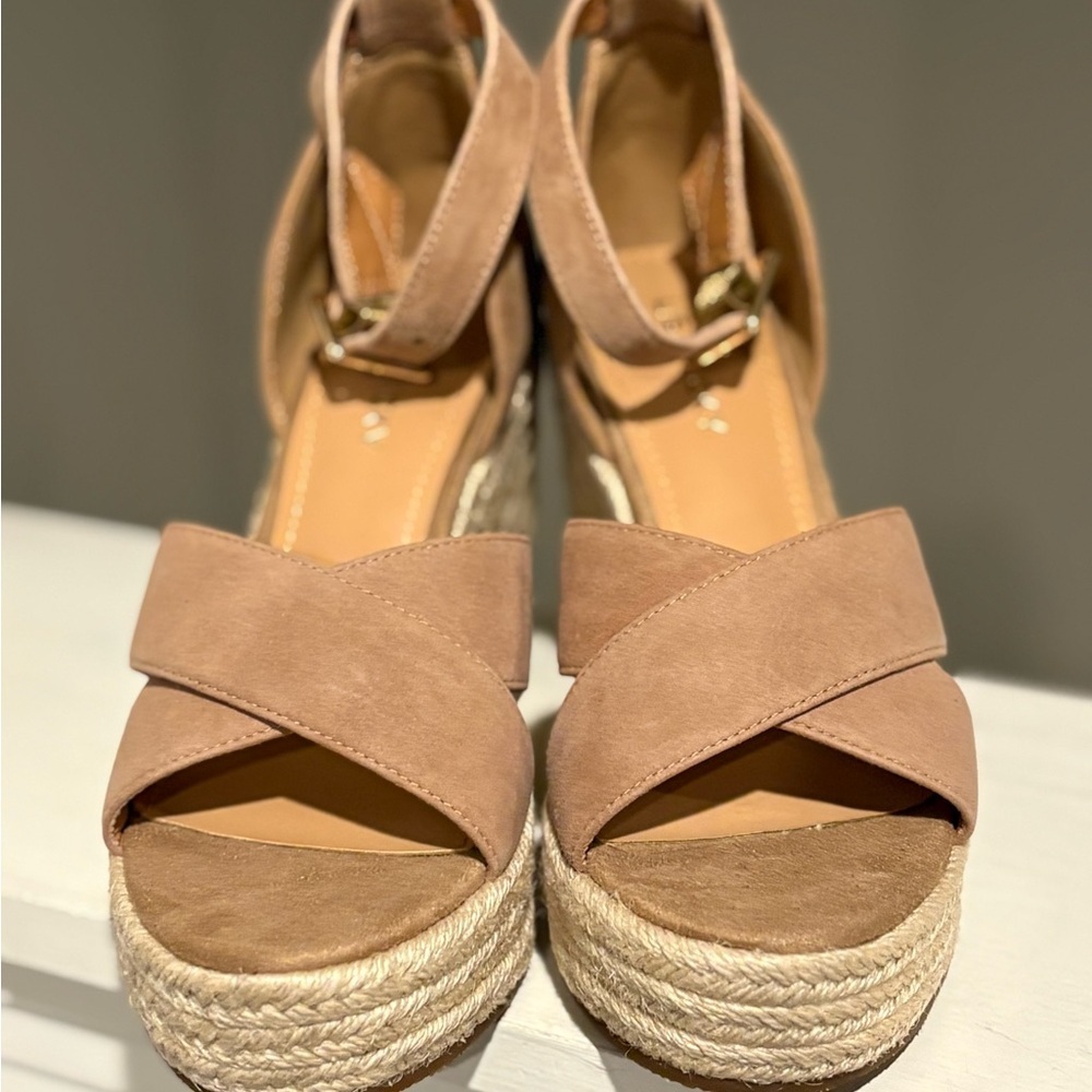 Lisa Vicky Gemi Platform Wedge Sandal Kid Suede Leather Cognac Women's 6 NWB - Picture 6 of 9